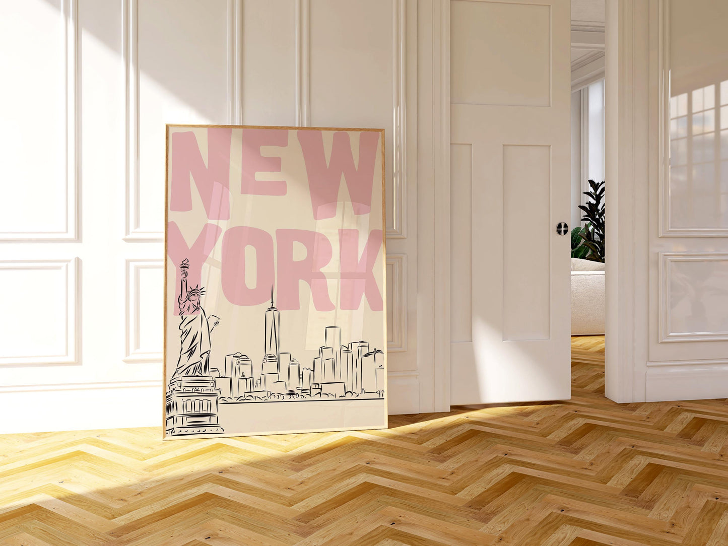 Printable NYC poster with a skyline sketch and pastel pink text. Minimalist Statue of Liberty wall art for a bedroom or dorm.