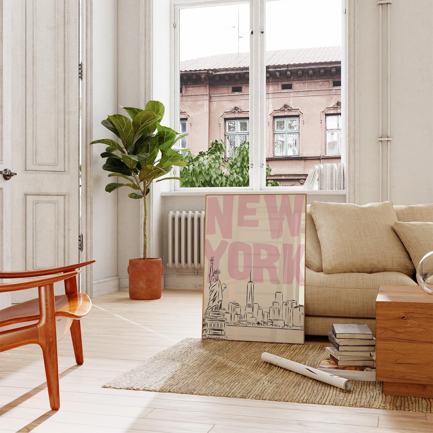 Printable NYC poster with a skyline sketch and pastel pink text. Minimalist Statue of Liberty wall art for a bedroom or dorm.
