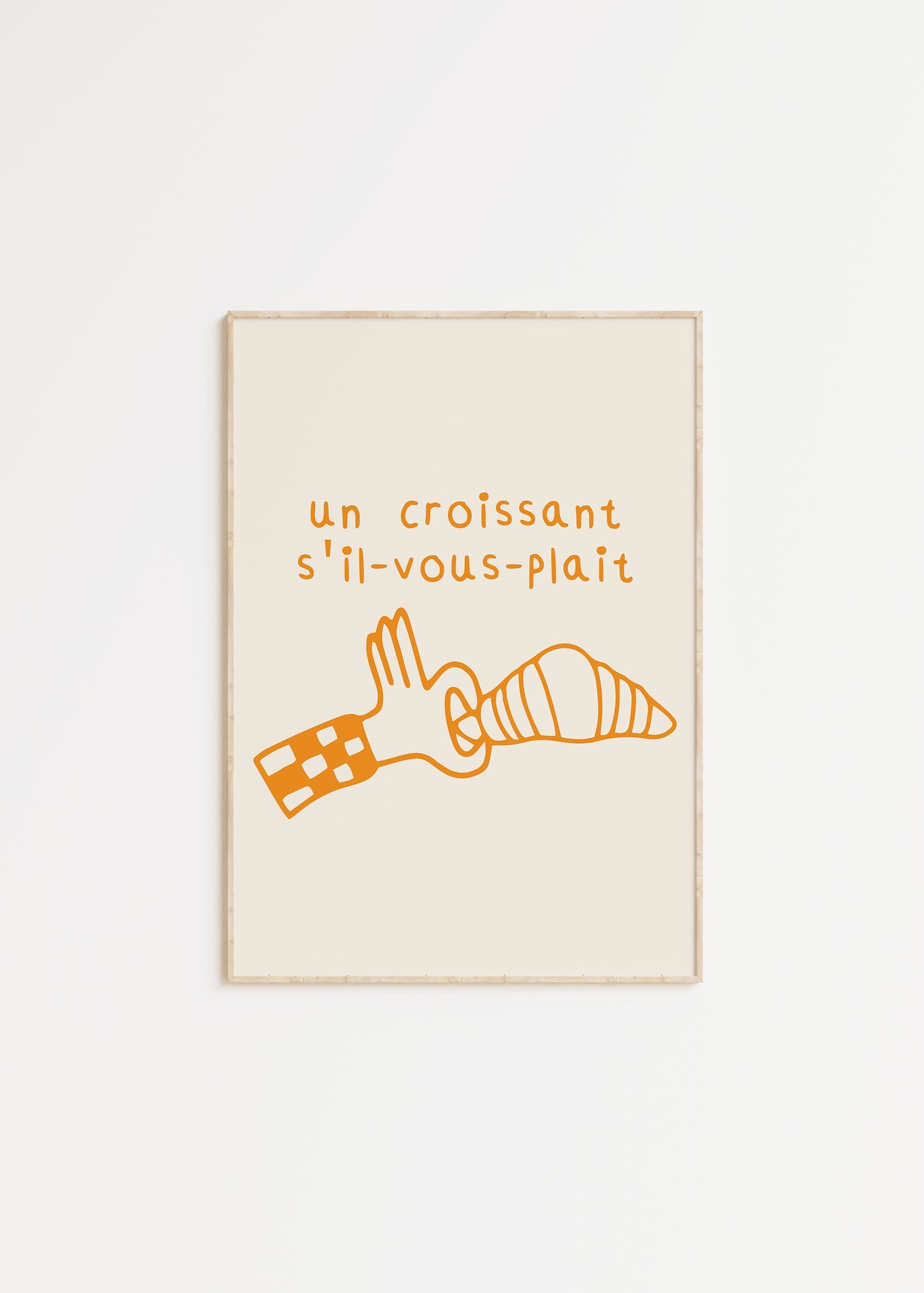 Minimalist hand-drawn art of a hand offering a croissant with French text "un croissant s'il-vous-plait".