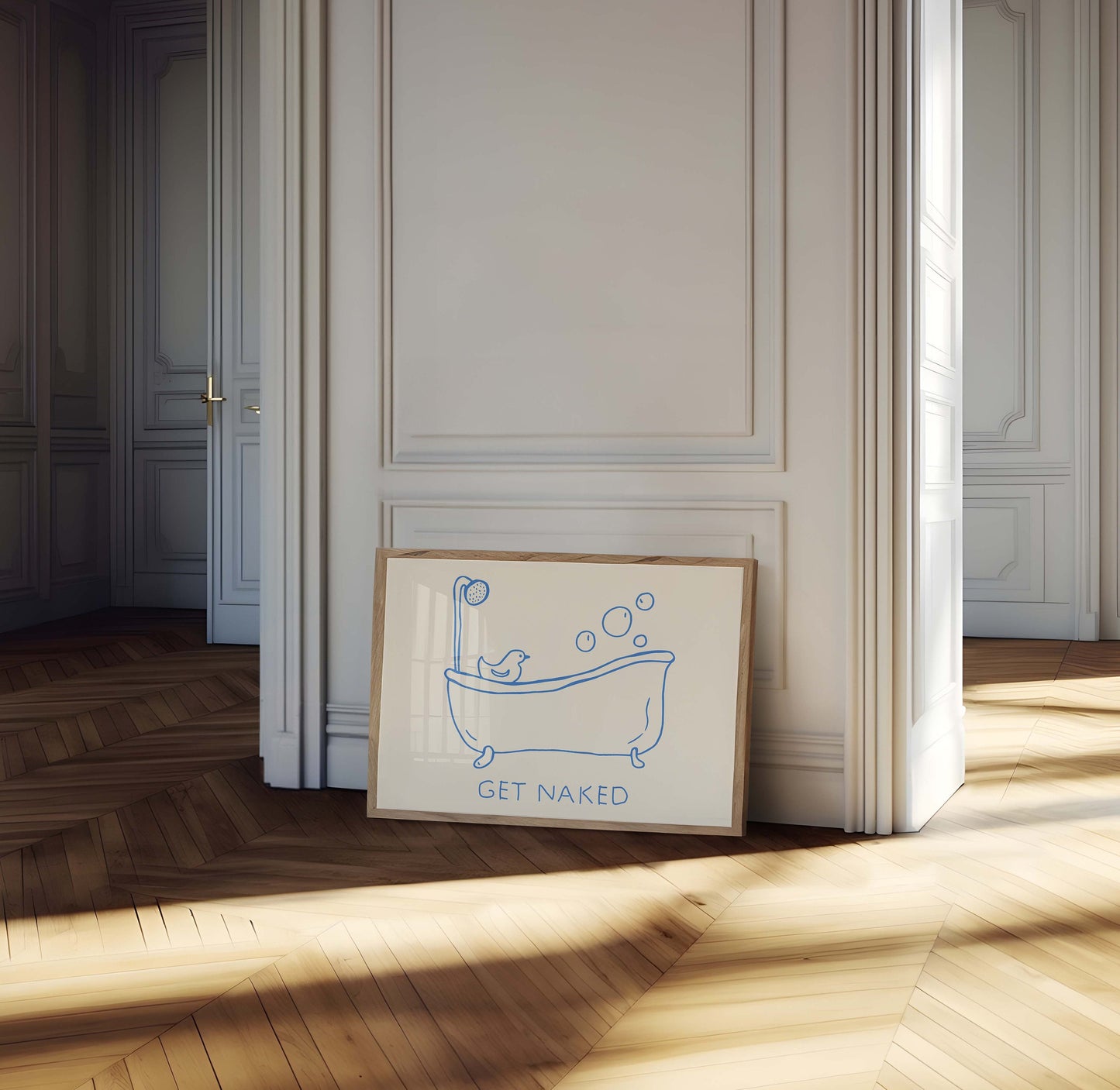 Hand-drawn blue line art of a bathtub with bubbles and a rubber duck, with text "GET NAKED" below.