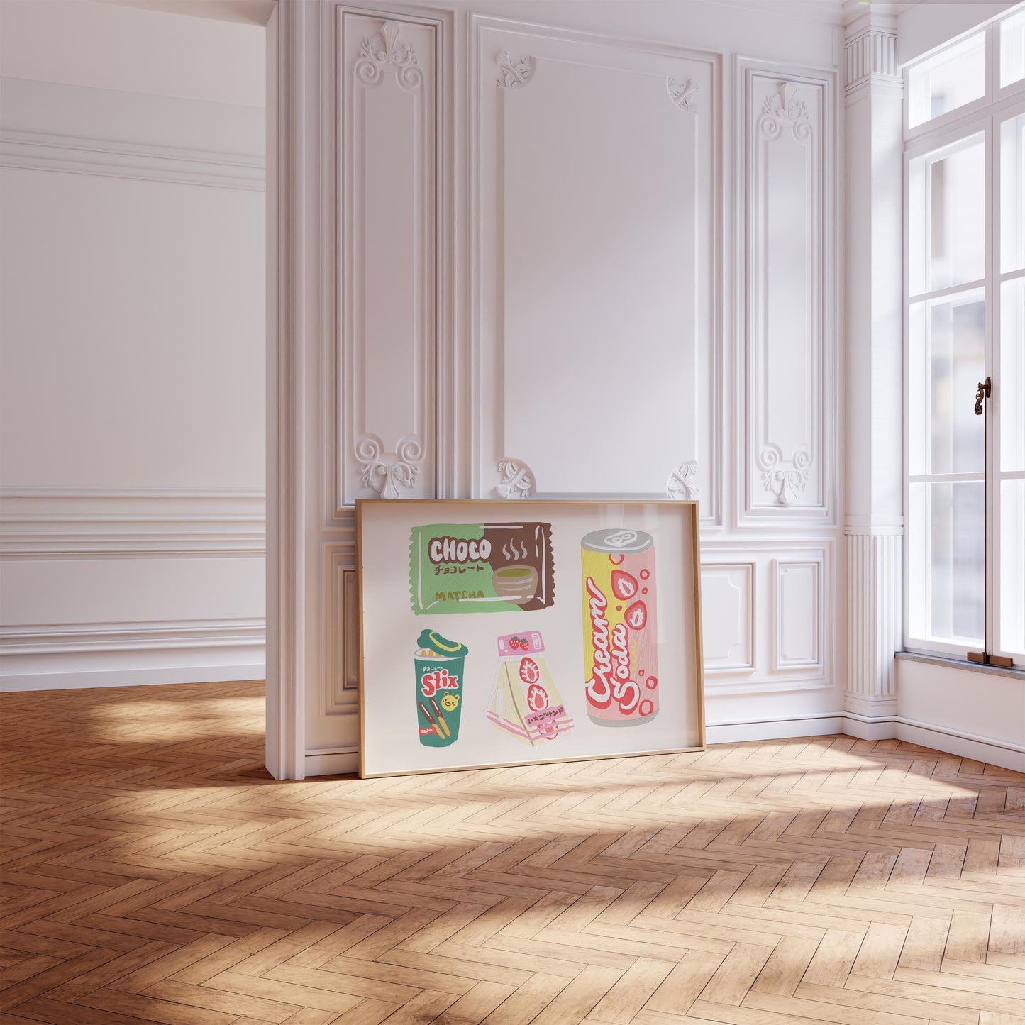 Retro-style art print featuring illustrations of Japanese snacks like "Choco" and "Cream Soda" in various packaging.