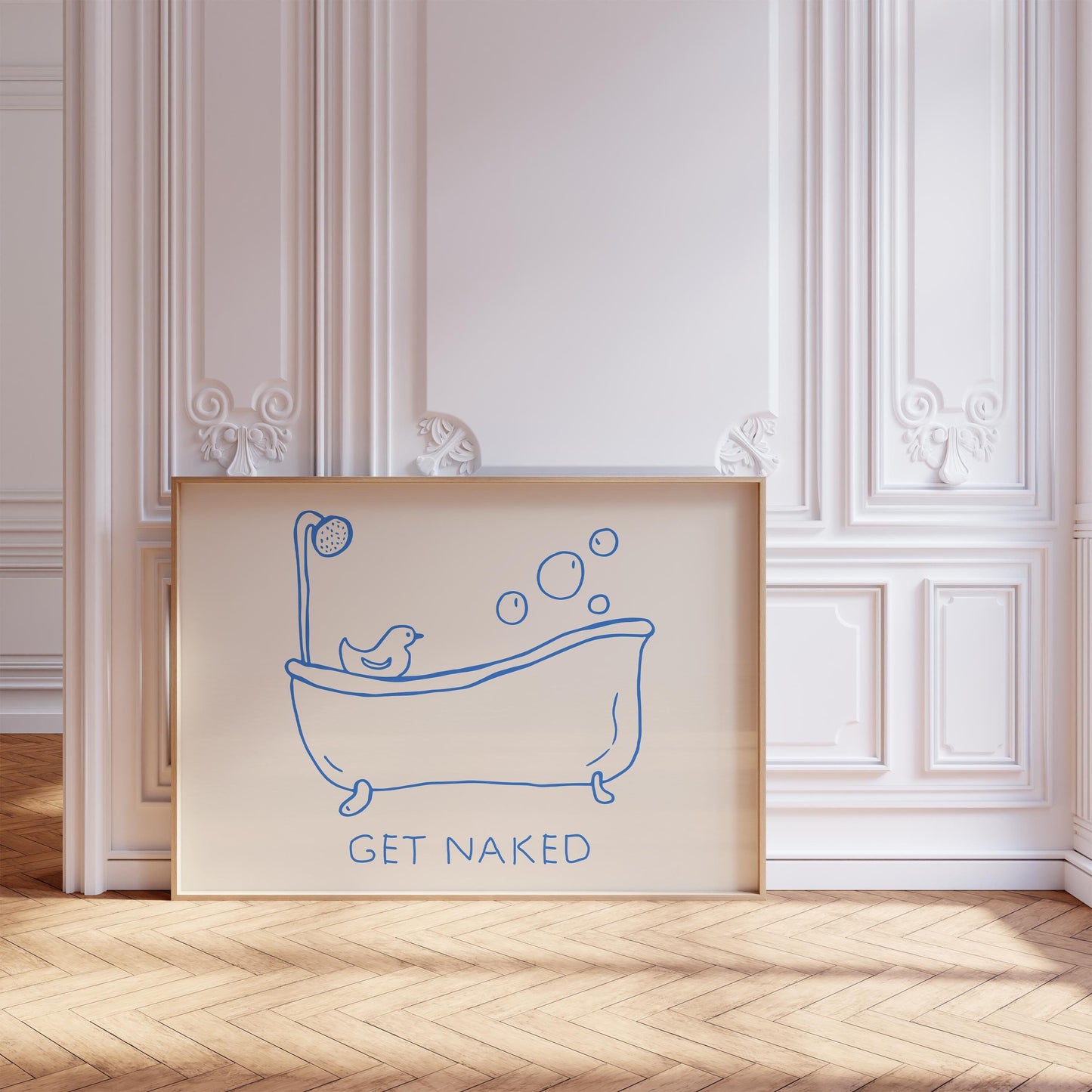Hand-drawn blue line art of a bathtub with bubbles and a rubber duck, with text "GET NAKED" below.