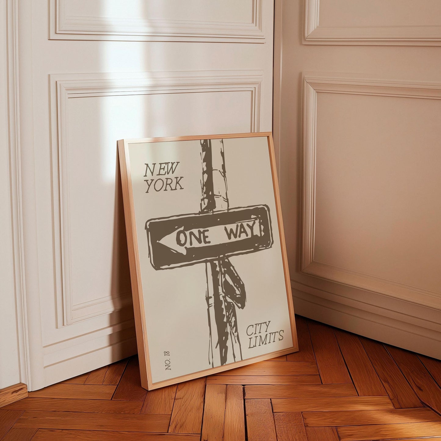 A retro New York print featuring a 'One Way' street sign in a gritty, graphic style with a neutral taupe and cream color palette.