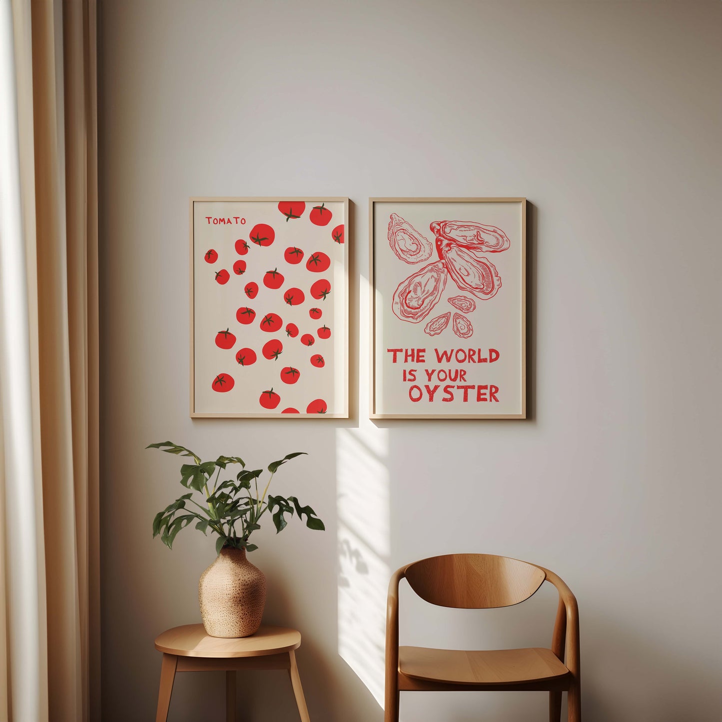 Set of two red and white kitchen prints. One features a pattern of tomatoes, the other has oysters and a quote. Minimalist foodie wall art.