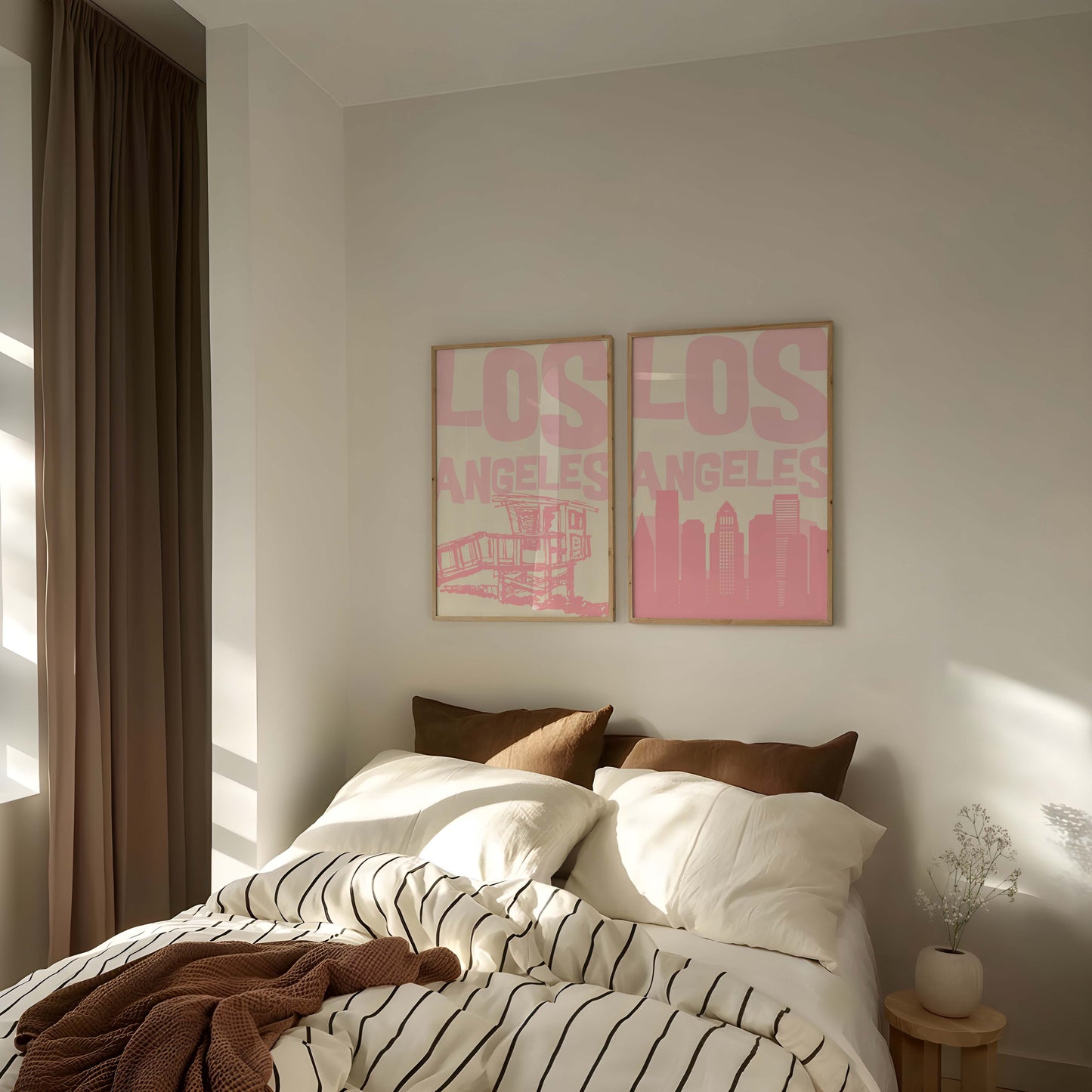 Set of two printable Los Angeles posters in pastel pink. Features the LA skyline and a lifeguard tower, perfect for a California gallery wall.