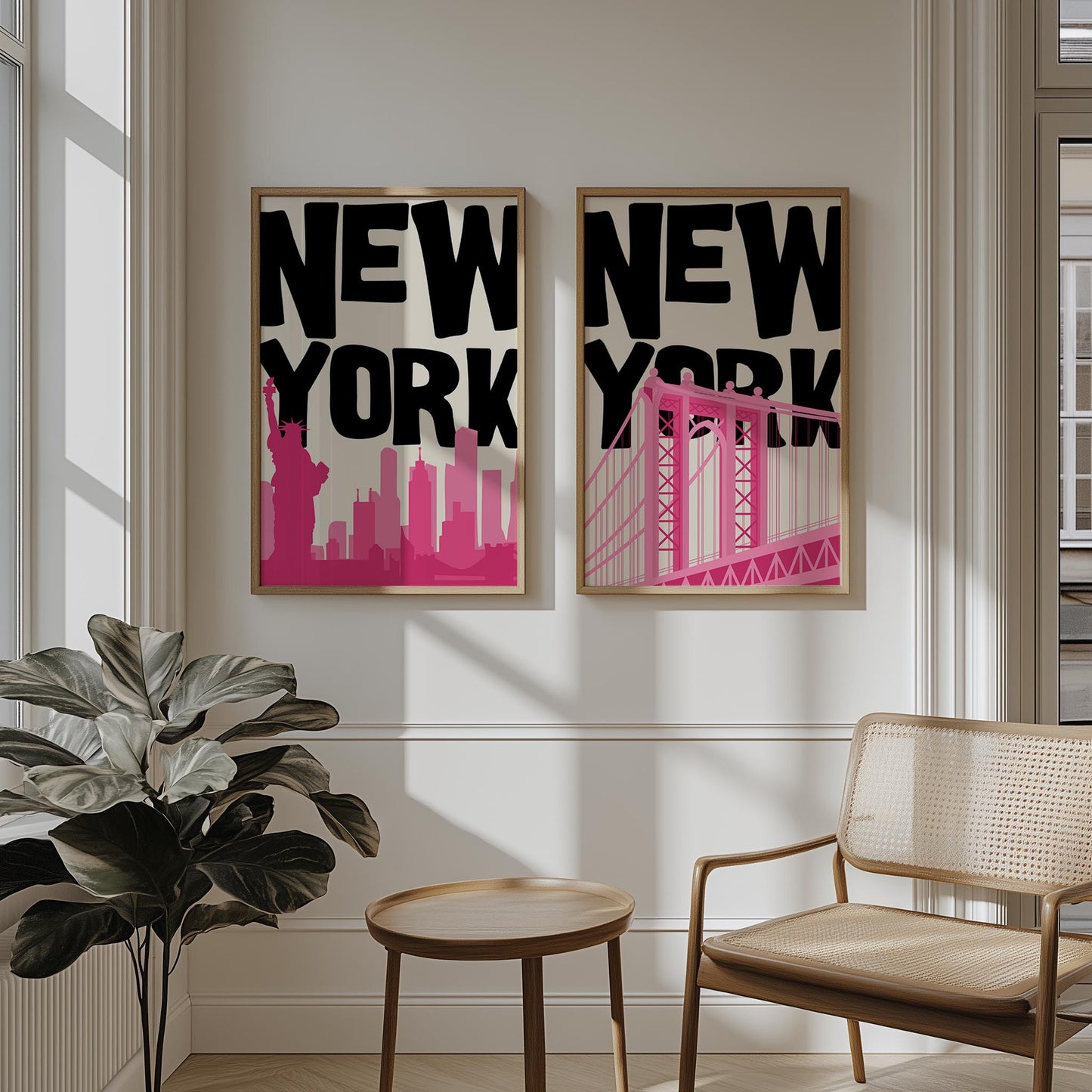 Set of two pop art NYC prints in bold black and pink. Printable wall art features the Manhattan Bridge and the Statue of Liberty.