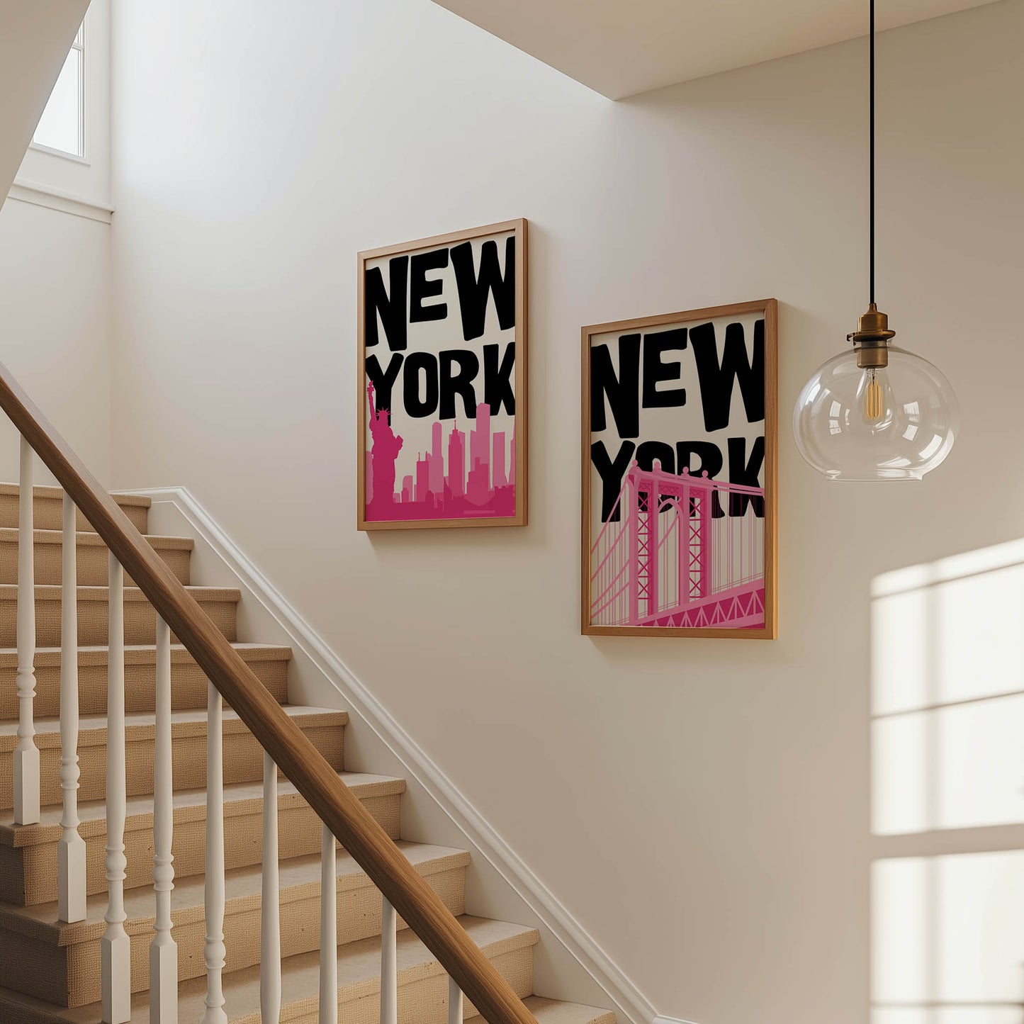 Set of two pop art NYC prints in bold black and pink. Printable wall art features the Manhattan Bridge and the Statue of Liberty.