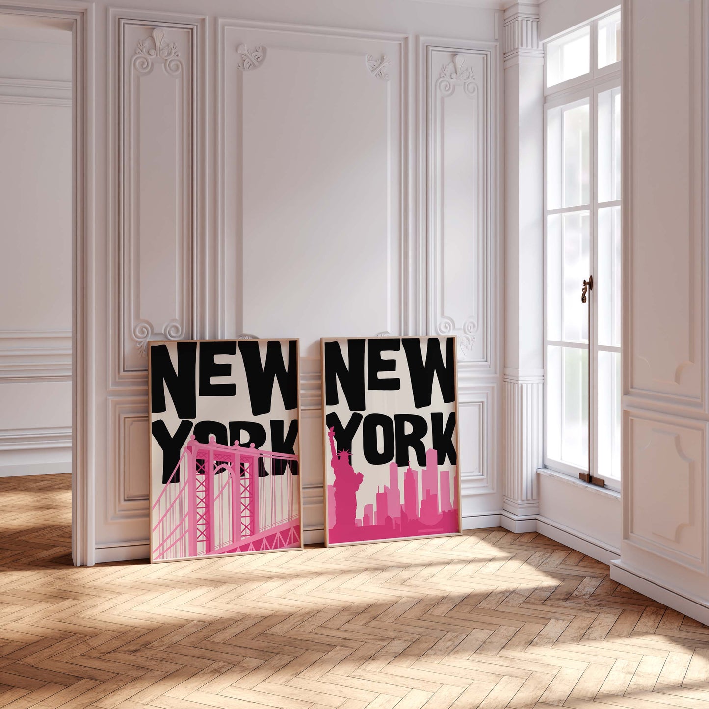 Set of two pop art NYC prints in bold black and pink. Printable wall art features the Manhattan Bridge and the Statue of Liberty.
