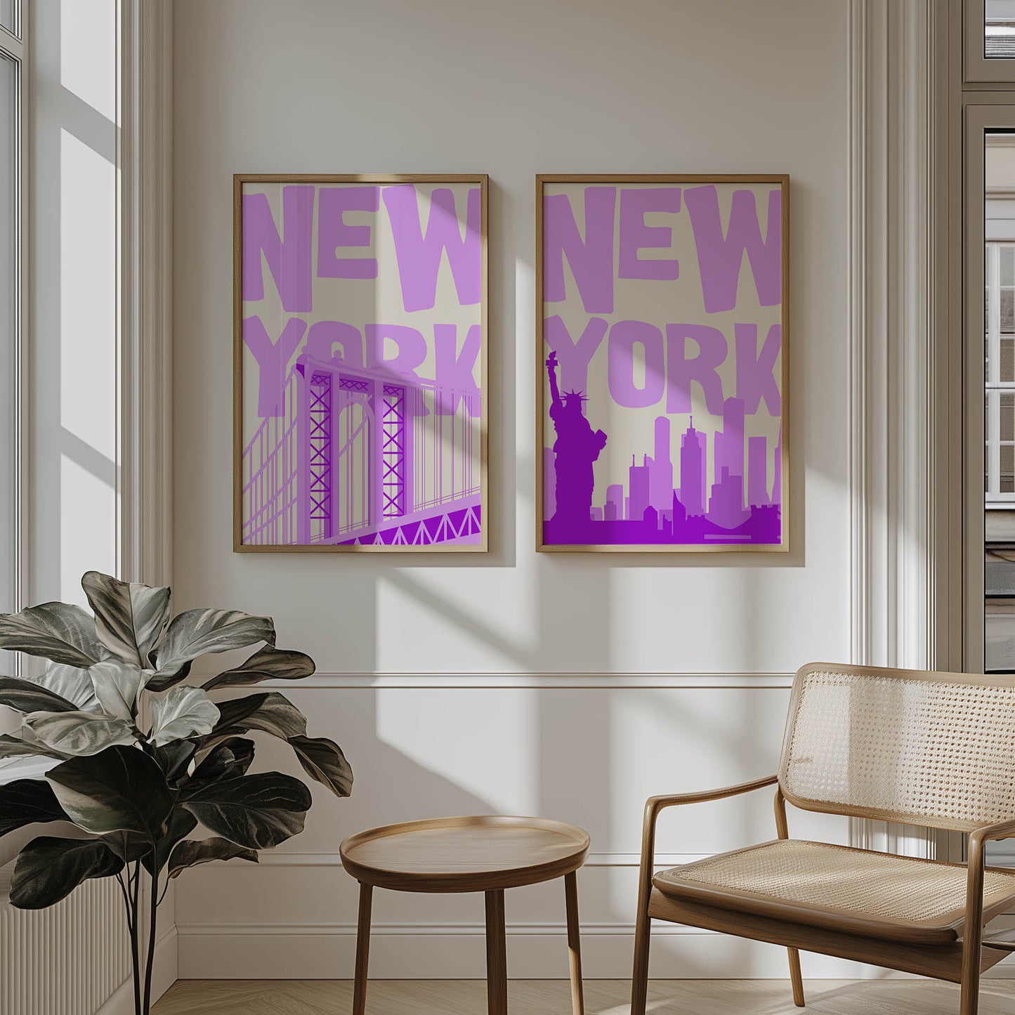 Set of two printable wall art posters of New York City in a bold purple and beige color palette with modern typography.