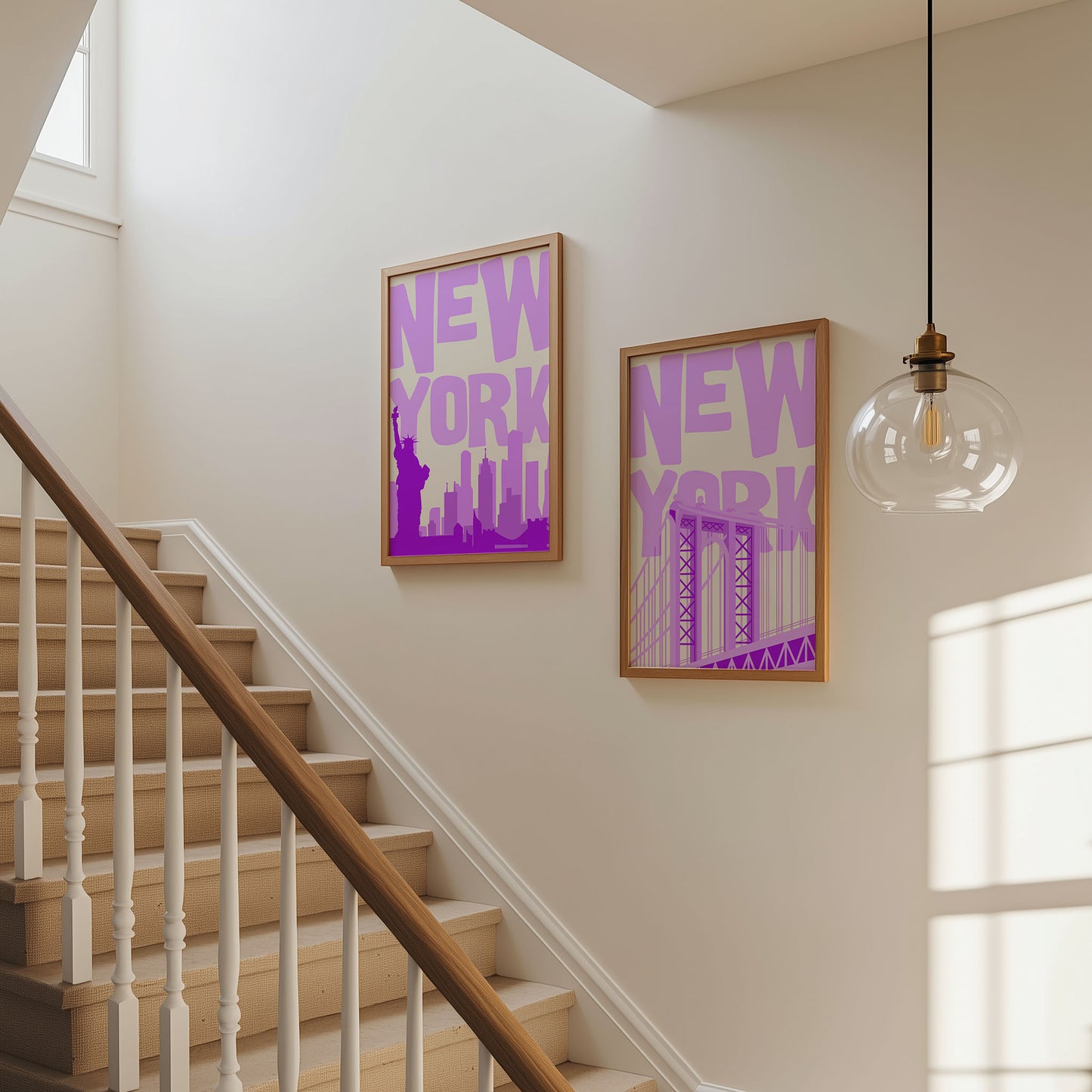 Set of two printable wall art posters of New York City in a bold purple and beige color palette with modern typography.