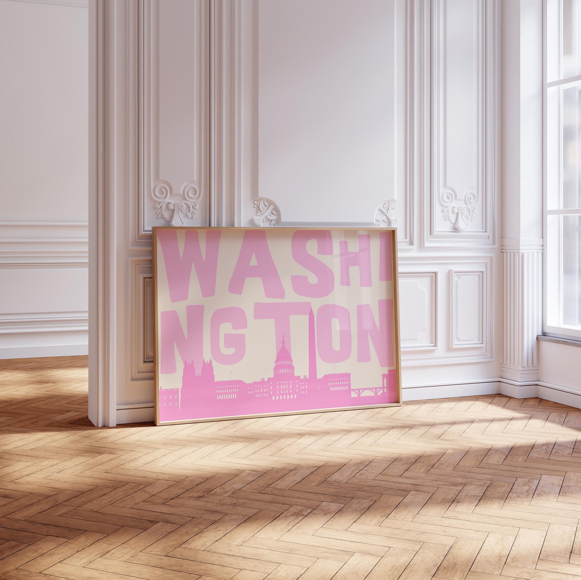 A modern graphic print of the Washington DC skyline in shades of pink. The word 'WASHINGTON' is in large light pink letters above the cityscape.