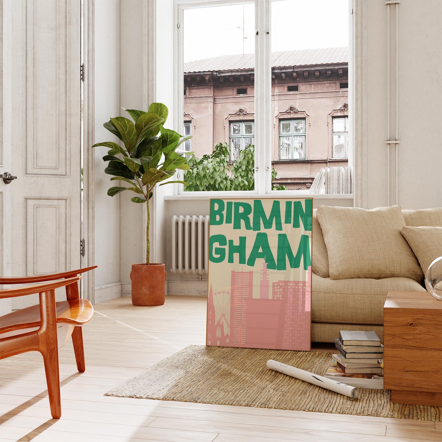 Printable Birmingham poster featuring a retro pink and green city skyline. Funky travel wall art for a dorm room or apartment.