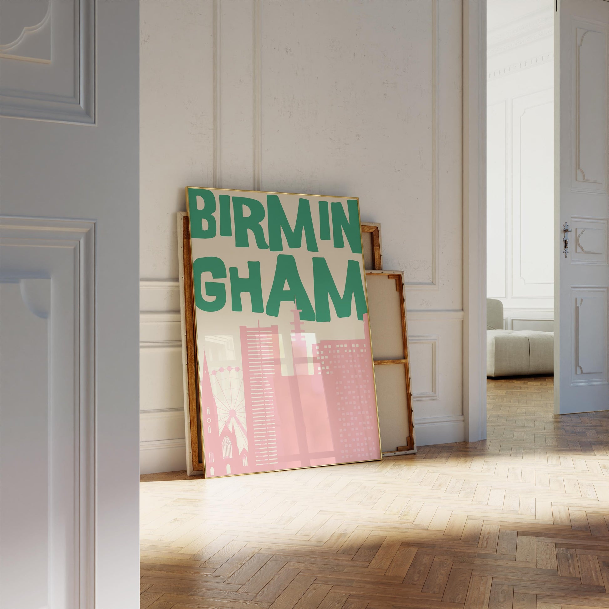 Printable Birmingham poster featuring a retro pink and green city skyline. Funky travel wall art for a dorm room or apartment.