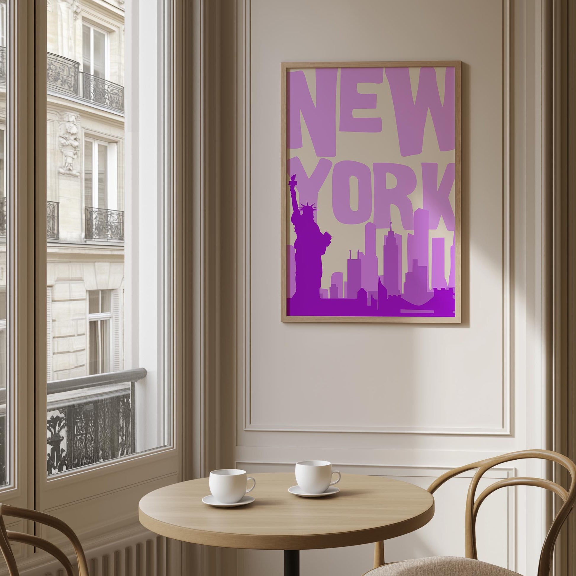 Printable NYC poster in shades of purple. The funky pop art print features the skyline and Statue of Liberty.