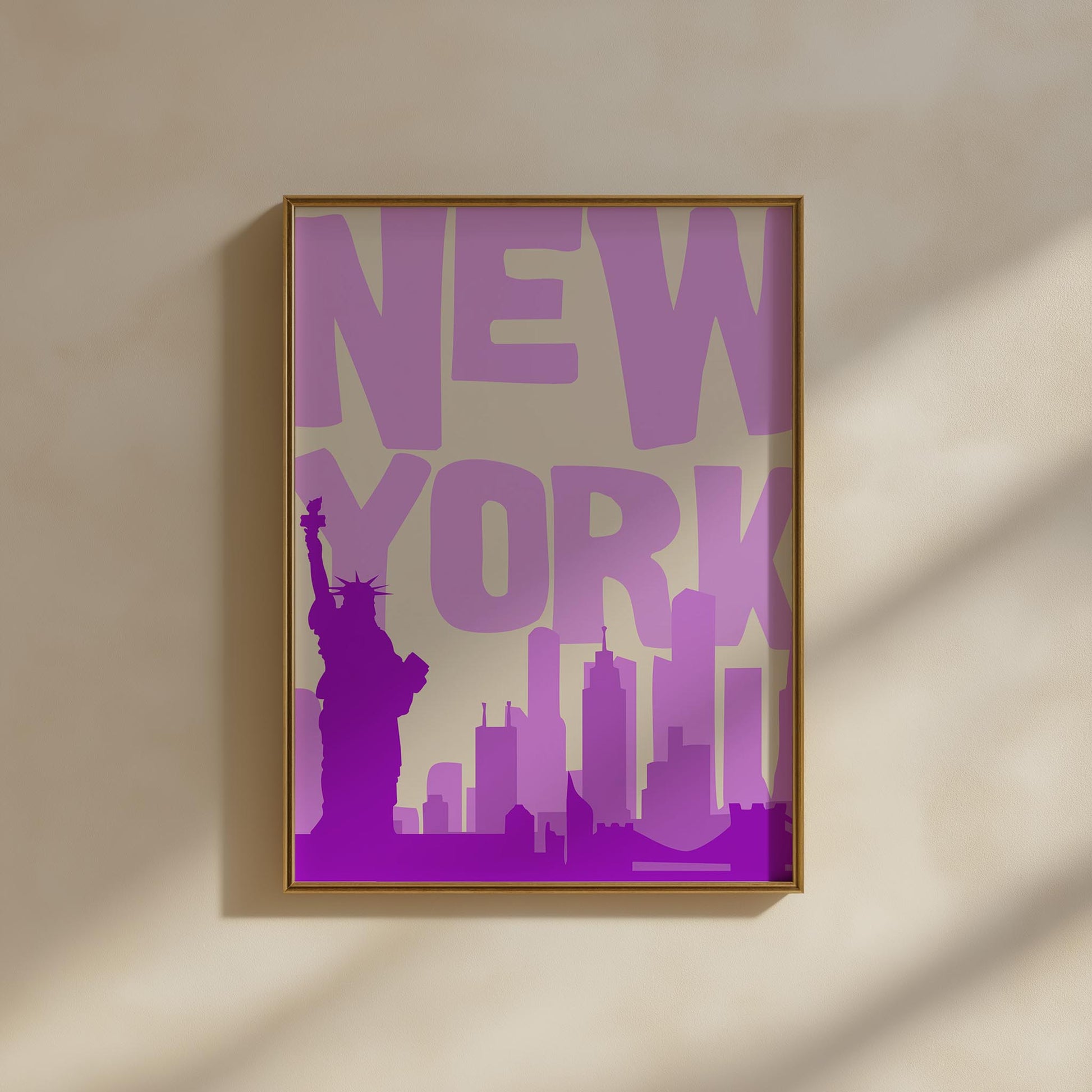 Printable NYC poster in shades of purple. The funky pop art print features the skyline and Statue of Liberty.