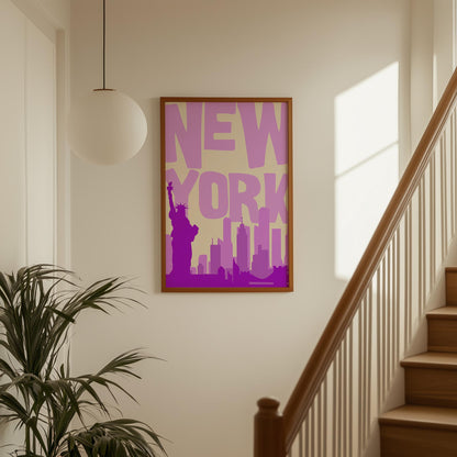 Printable NYC poster in shades of purple. The funky pop art print features the skyline and Statue of Liberty.