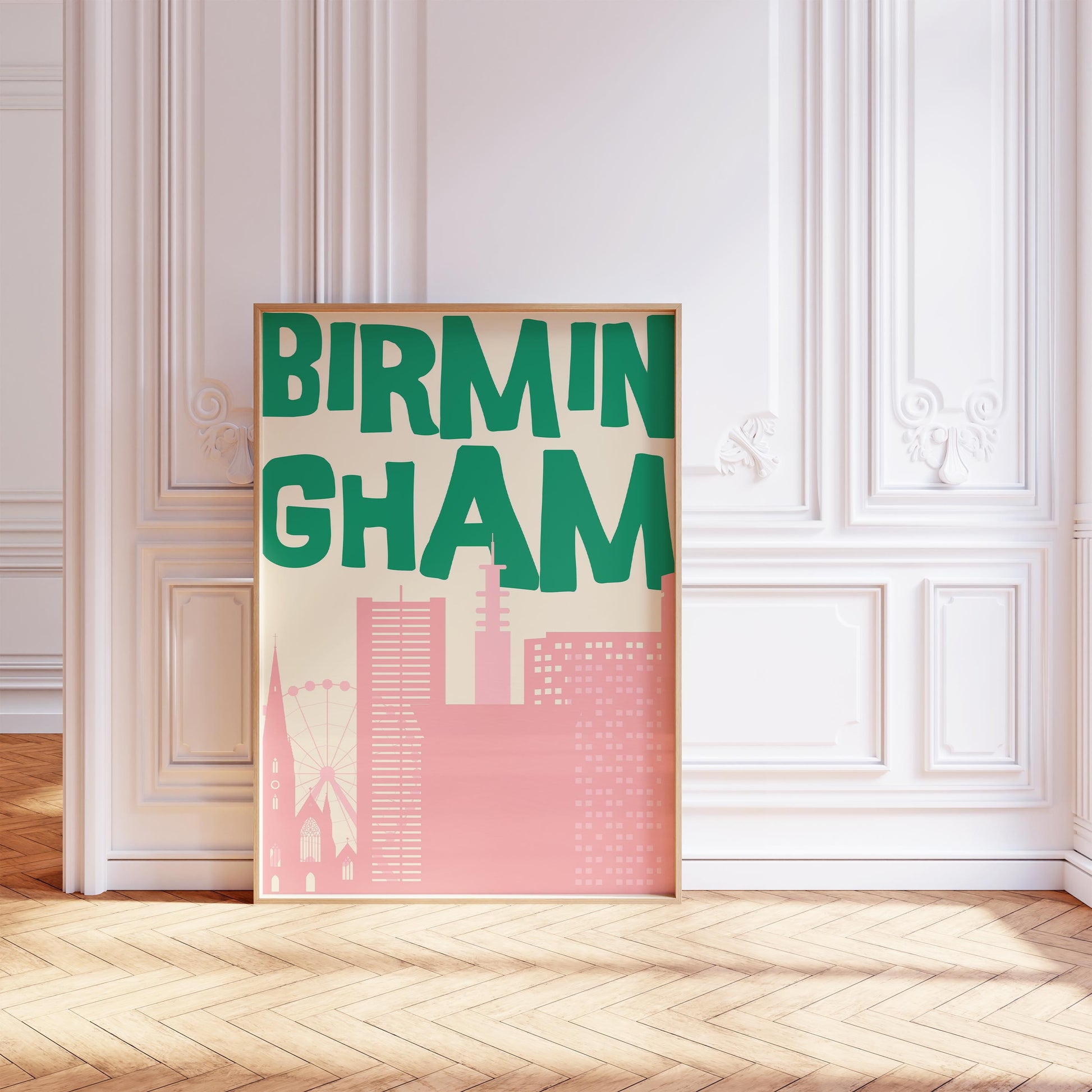 Printable Birmingham poster featuring a retro pink and green city skyline. Funky travel wall art for a dorm room or apartment.