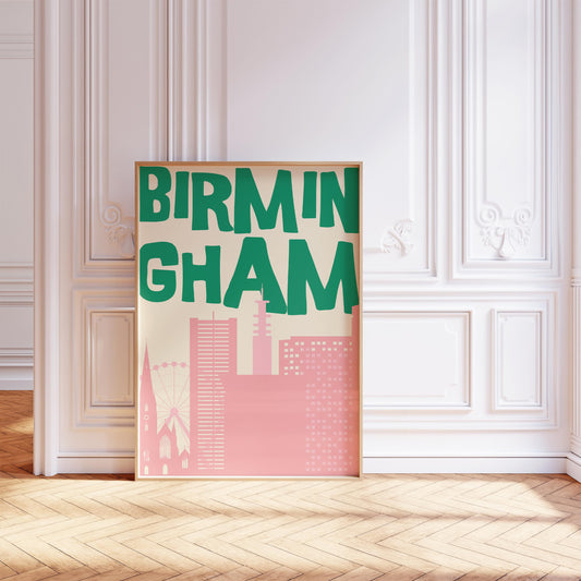 Printable Birmingham poster featuring a retro pink and green city skyline. Funky travel wall art for a dorm room or apartment.