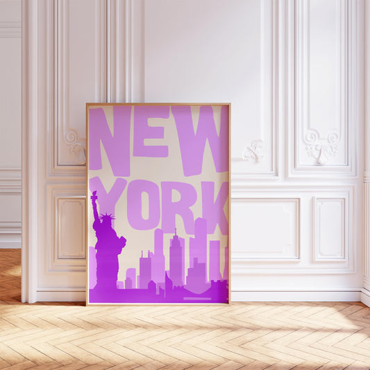 Printable NYC poster in shades of purple. The funky pop art print features the skyline and Statue of Liberty.