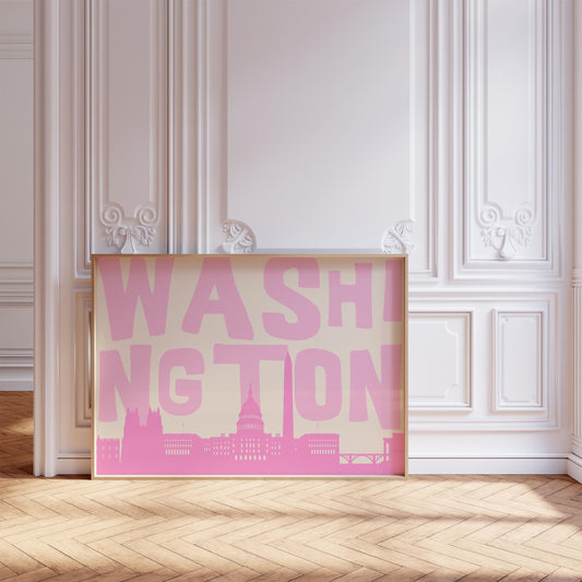 A modern graphic print of the Washington DC skyline in shades of pink. The word 'WASHINGTON' is in large light pink letters above the cityscape.