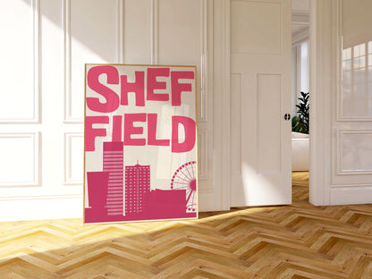 Printable Sheffield travel poster featuring a minimalist city skyline in hot pink. Funky pop art wall decor for a dorm or living room.