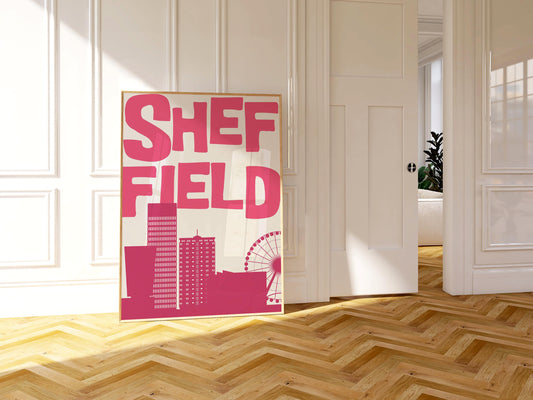 Printable Sheffield travel poster featuring a minimalist city skyline in hot pink. Funky pop art wall decor for a dorm or living room.