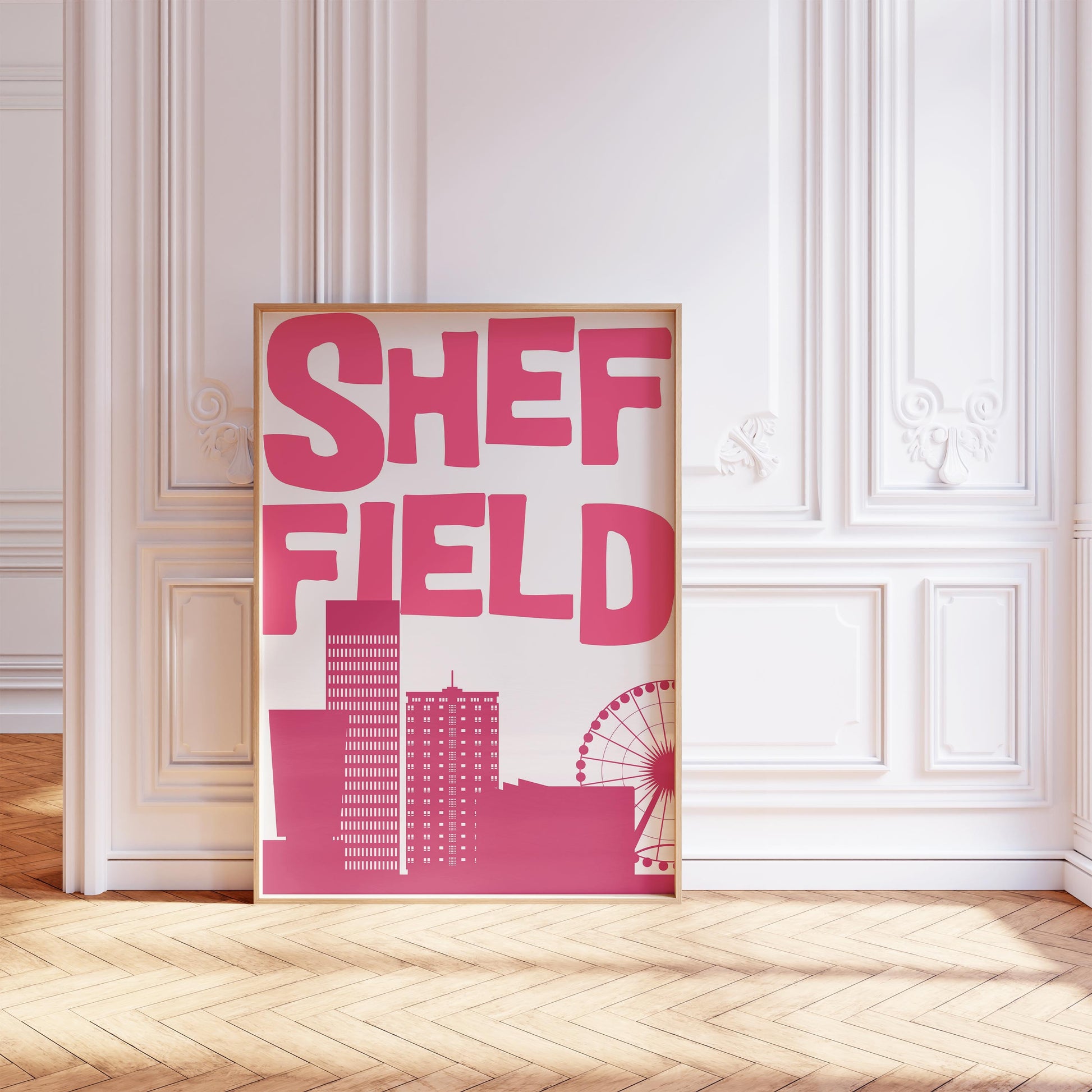 Printable Sheffield travel poster featuring a minimalist city skyline in hot pink. Funky pop art wall decor for a dorm or living room.