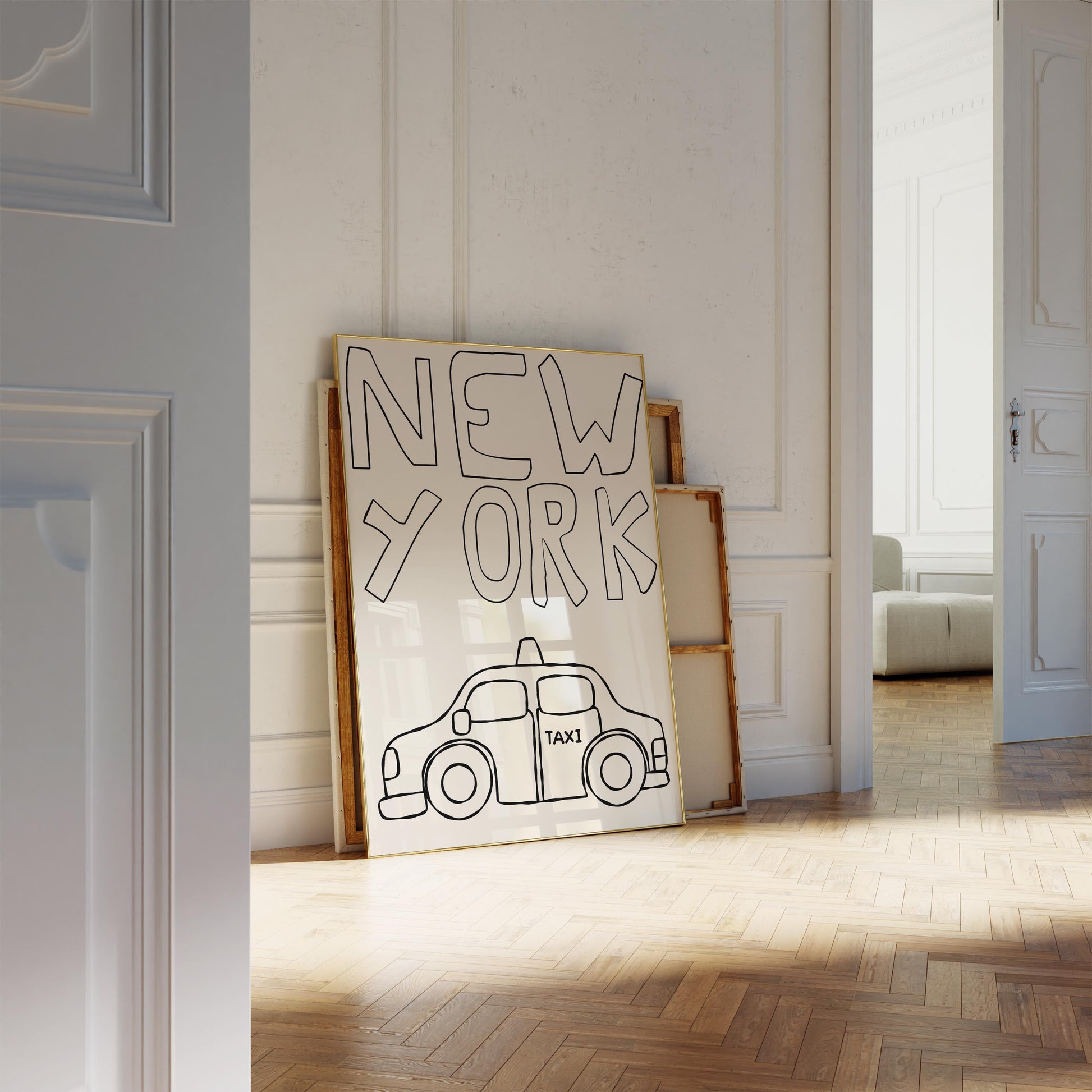 Minimalist line art of a New York taxi. Printable wall art for a kids room or nursery, featuring hand-drawn text on a cream background.