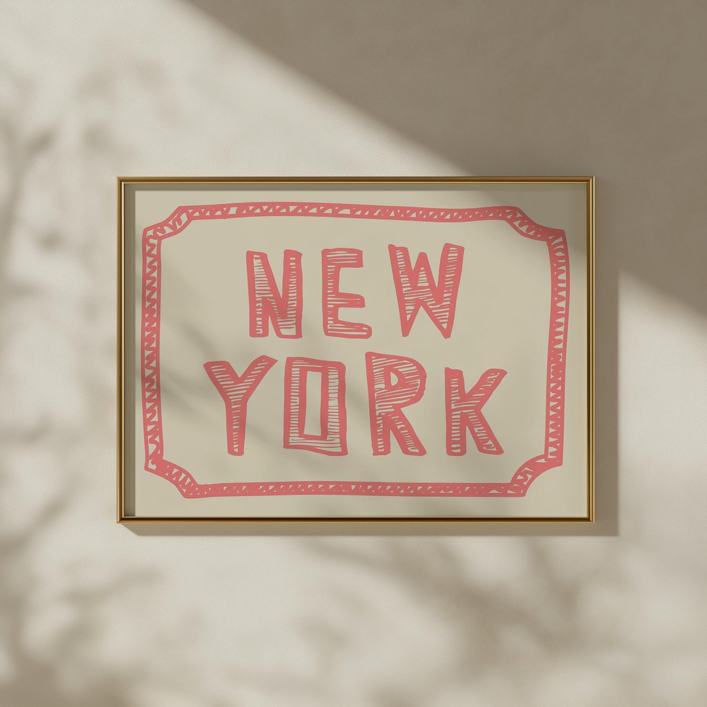 The words 'New York' in a funky, hand-drawn block font. Retro coral-pink printable wall art on a cream background with a sketchy border.