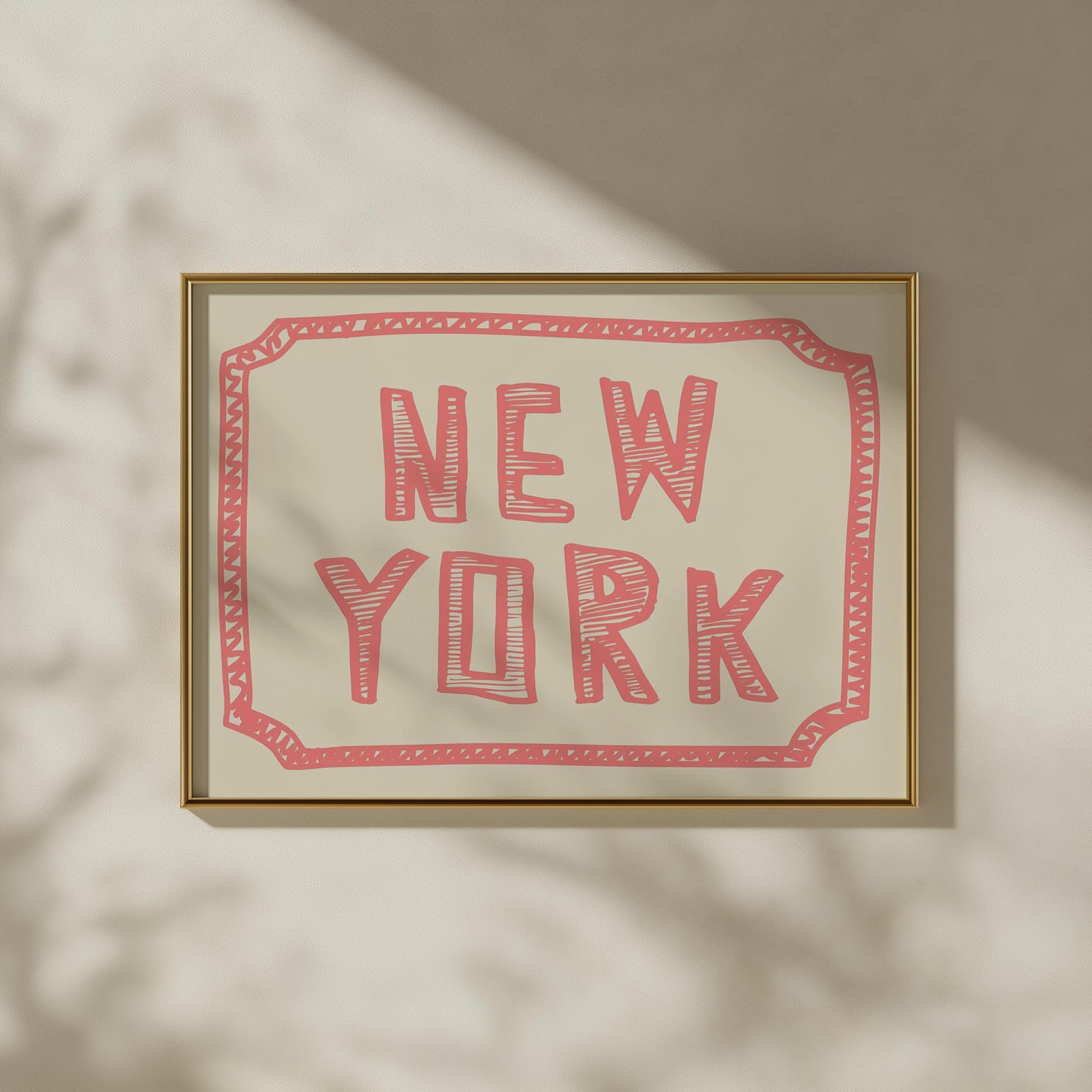 The words 'New York' in a funky, hand-drawn block font. Retro coral-pink printable wall art on a cream background with a sketchy border.