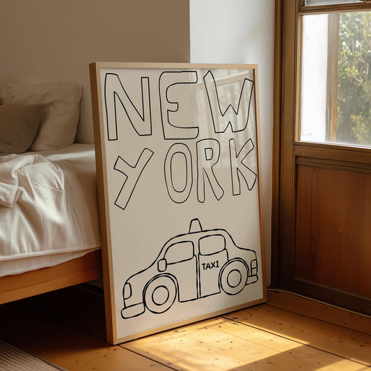 Minimalist line art of a New York taxi. Printable wall art for a kids room or nursery, featuring hand-drawn text on a cream background.