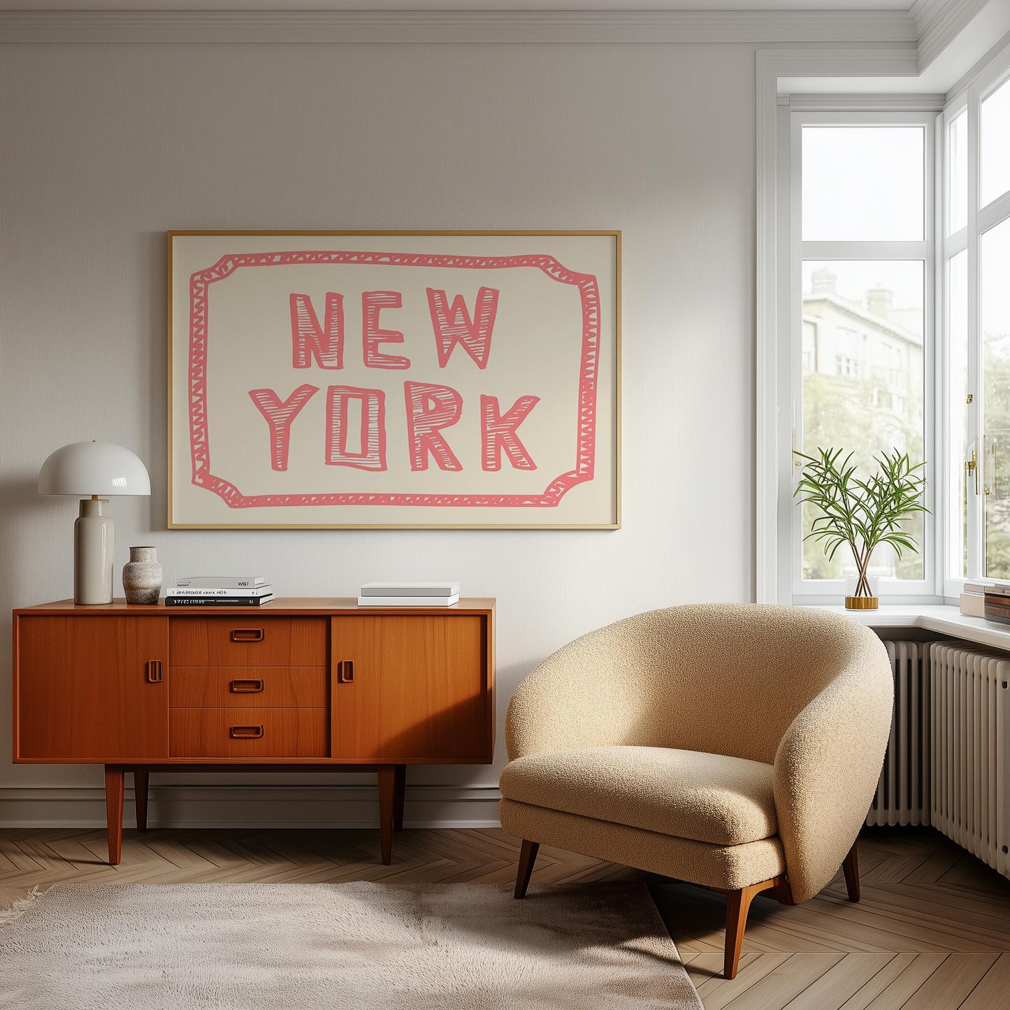 The words 'New York' in a funky, hand-drawn block font. Retro coral-pink printable wall art on a cream background with a sketchy border.