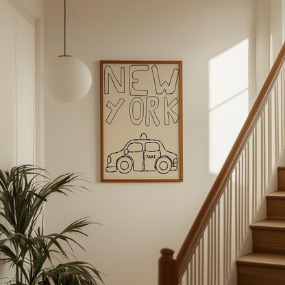 Minimalist line art of a New York taxi. Printable wall art for a kids room or nursery, featuring hand-drawn text on a cream background.