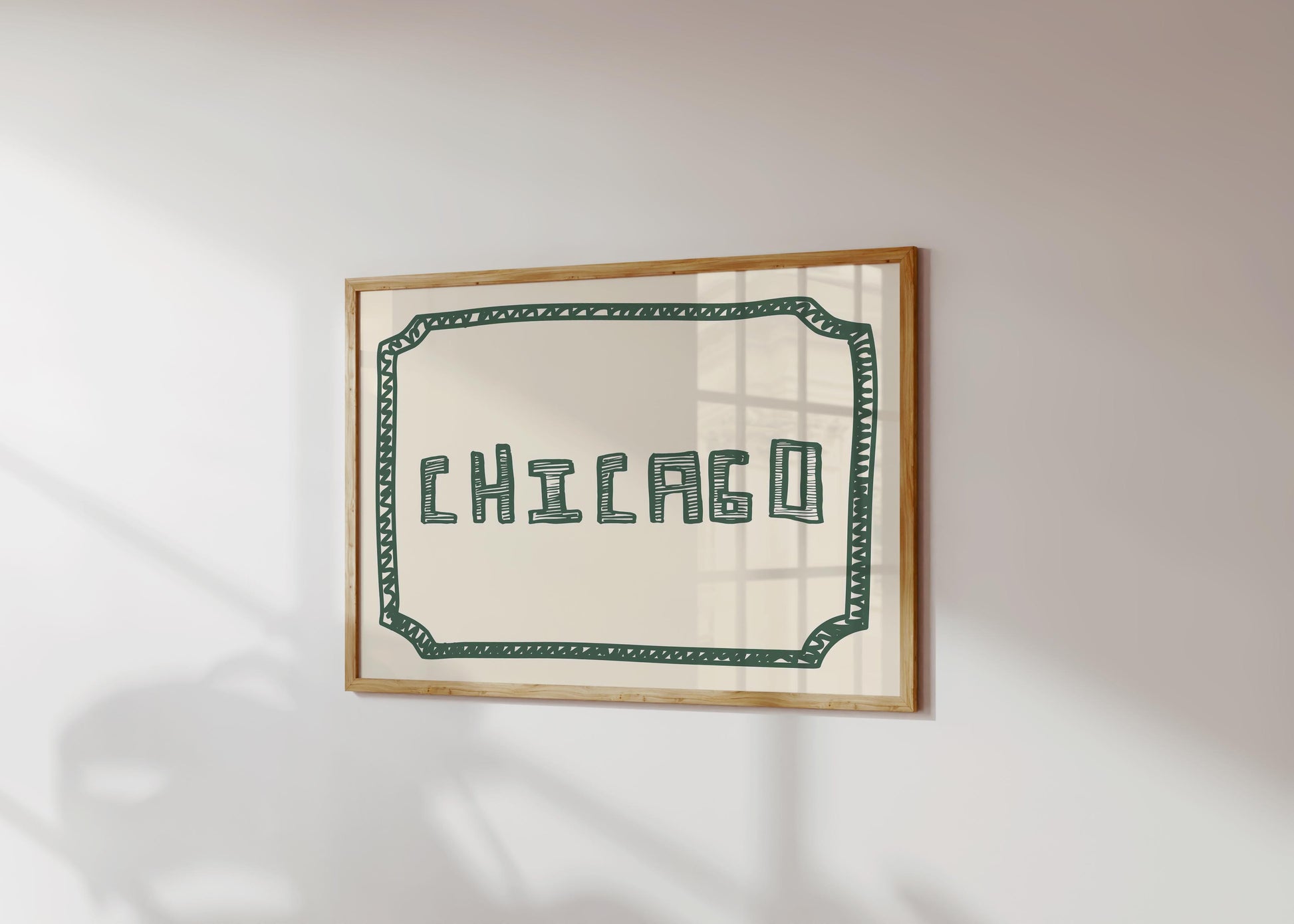 The word 'CHICAGO' in a funky, hand-drawn block font. Retro green printable wall art on a cream background, framed by a sketchy border.
