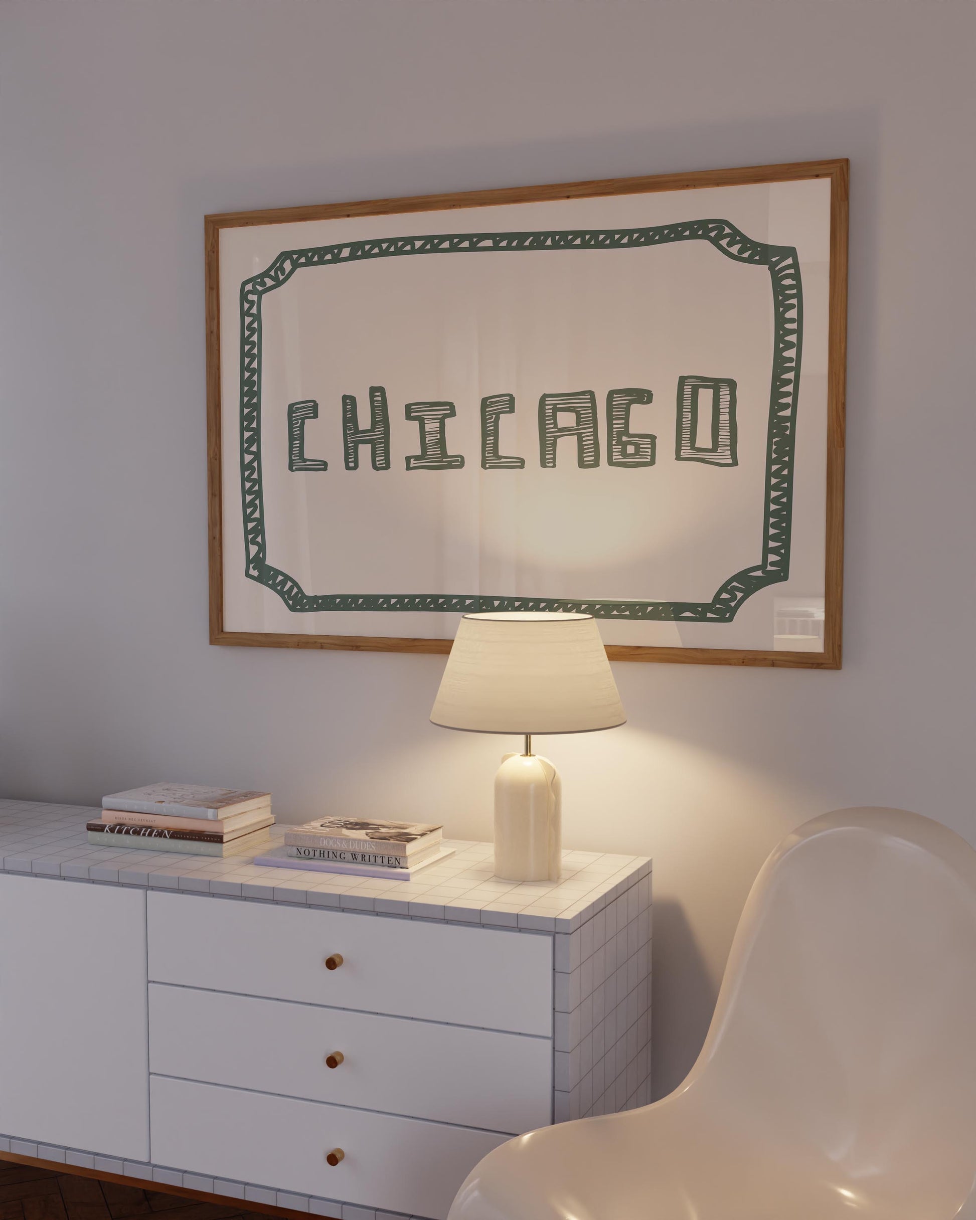 The word 'CHICAGO' in a funky, hand-drawn block font. Retro green printable wall art on a cream background, framed by a sketchy border.