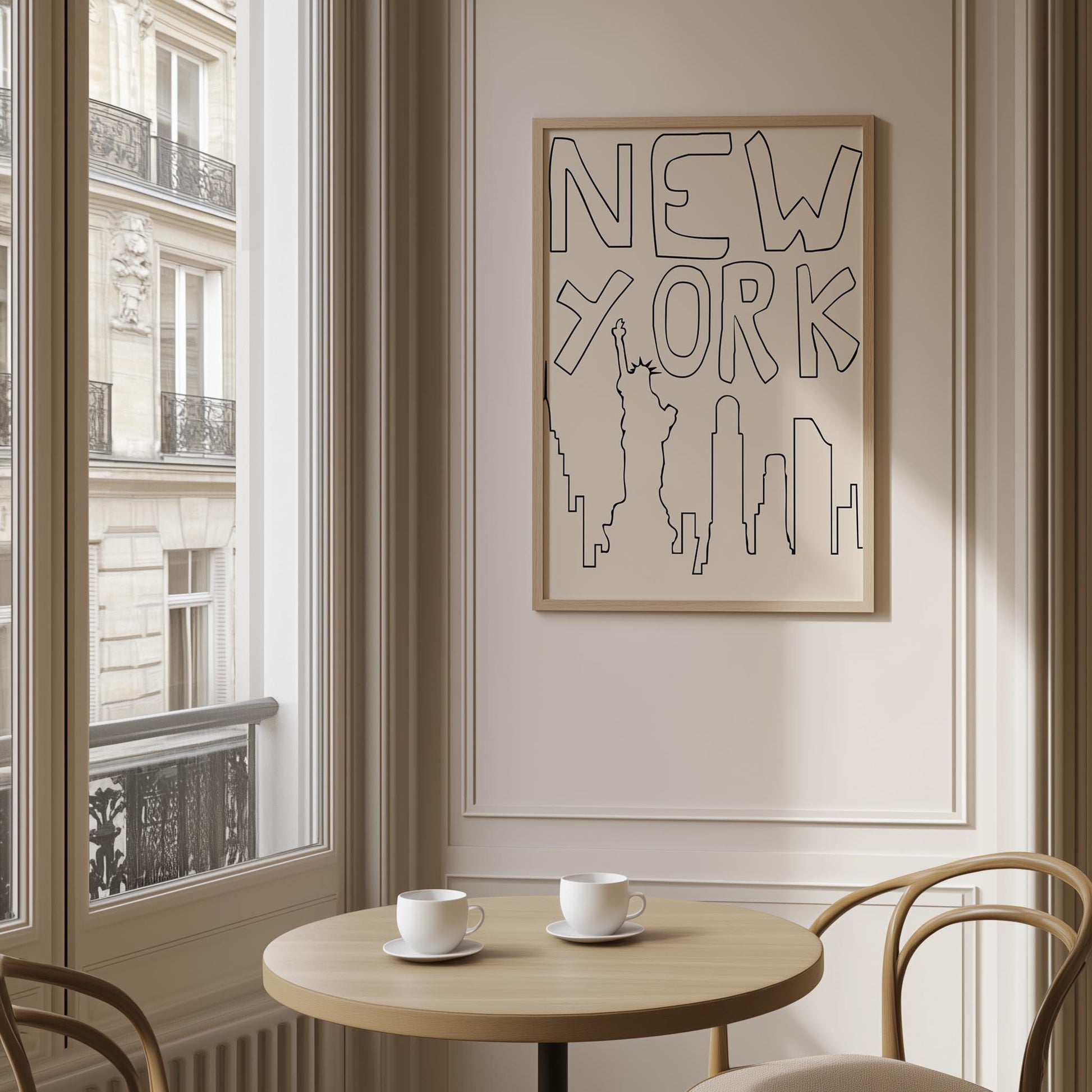 Minimalist NYC line art print leaning against a white wall. The black and beige printable poster features a quirky, hand-drawn skyline.