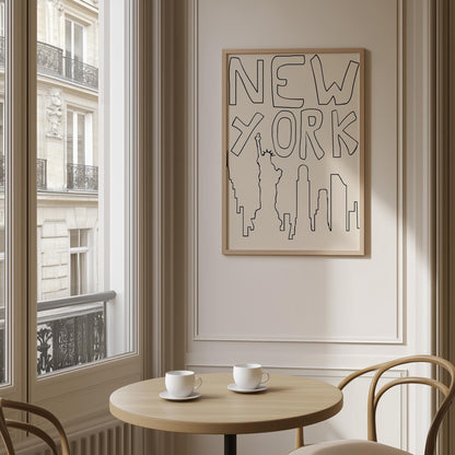 Minimalist NYC line art print leaning against a white wall. The black and beige printable poster features a quirky, hand-drawn skyline.