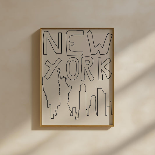 Minimalist NYC line art print leaning against a white wall. The black and beige printable poster features a quirky, hand-drawn skyline.