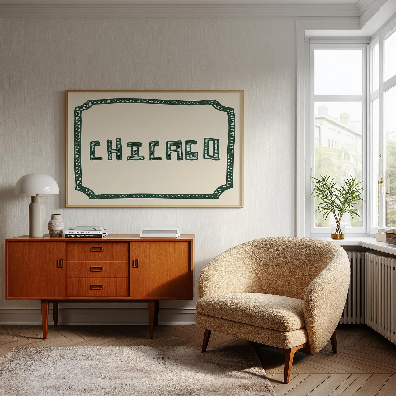 The word 'CHICAGO' in a funky, hand-drawn block font. Retro green printable wall art on a cream background, framed by a sketchy border.