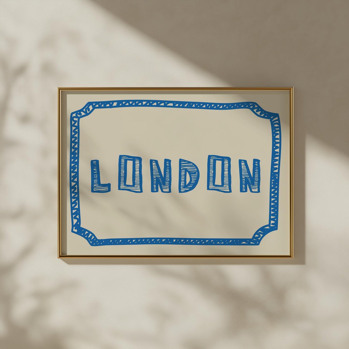 The word 'LONDON' in a funky, hand-drawn block font. Retro blue printable wall art on a cream background, framed by a sketchy border.