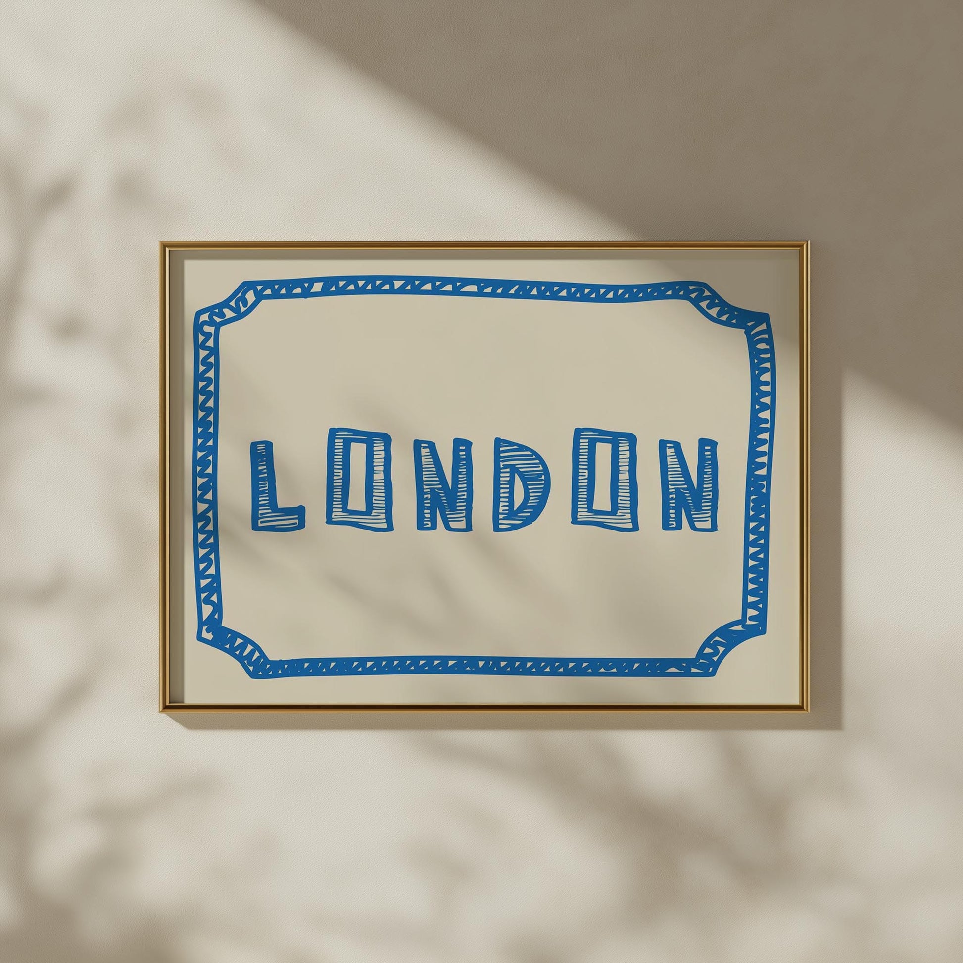 The word 'LONDON' in a funky, hand-drawn block font. Retro blue printable wall art on a cream background, framed by a sketchy border.