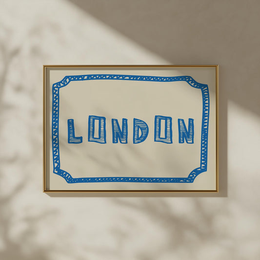 The word 'LONDON' in a funky, hand-drawn block font. Retro blue printable wall art on a cream background, framed by a sketchy border.