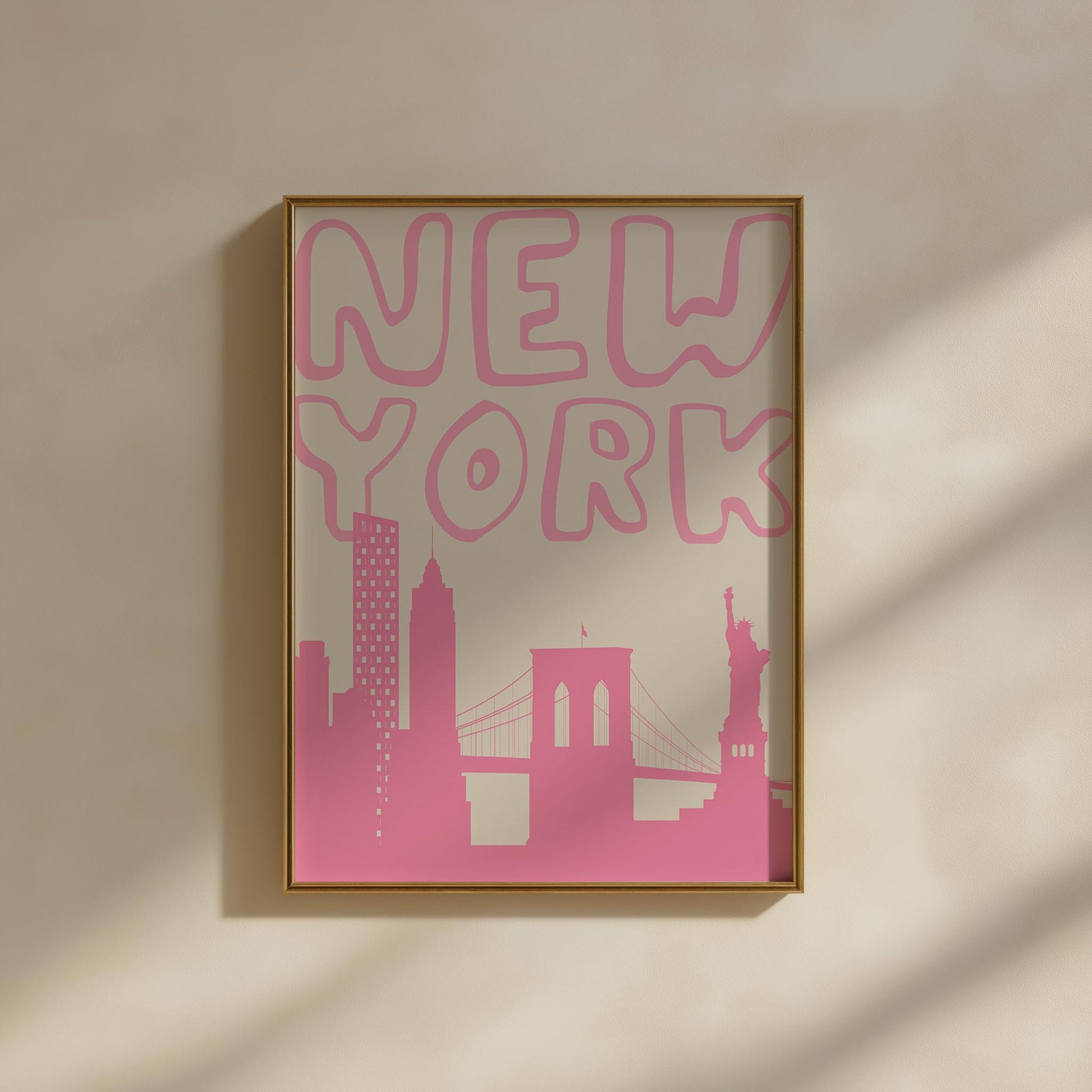 Printable New York City travel poster. The wall art features a minimalist skyline silhouette and groovy typography in a bold, bubblegum pink.