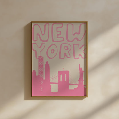 Printable New York City travel poster. The wall art features a minimalist skyline silhouette and groovy typography in a bold, bubblegum pink.
