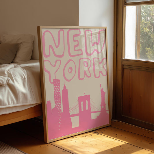 Printable New York City travel poster. The wall art features a minimalist skyline silhouette and groovy typography in a bold, bubblegum pink.
