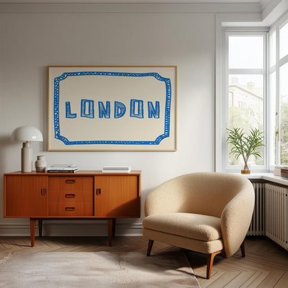The word 'LONDON' in a funky, hand-drawn block font. Retro blue printable wall art on a cream background, framed by a sketchy border.