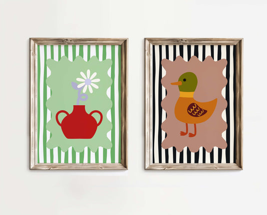 Flower & Duck Prints - Set Of 2