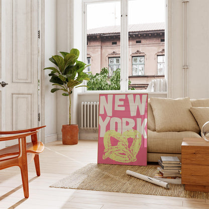 Funky pop art poster of a New York pretzel. The printable wall art has a yellow pretzel illustration against a bright pink background.