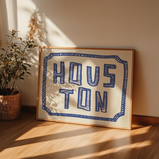 The word 'HOUSTON' in a funky, hand-drawn block font. Retro blue printable wall art on a cream background, framed by a doodle border.