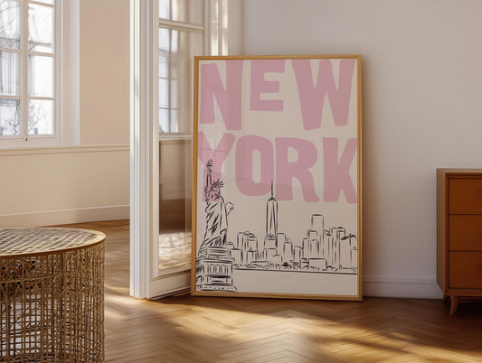 Printable NYC poster with a skyline sketch and pastel pink text. Minimalist Statue of Liberty wall art for a bedroom or dorm.